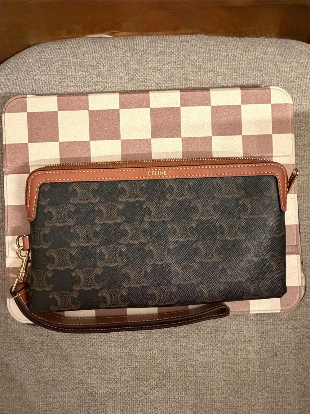 CELINE LONG POUCH WITH STRAP IN TRIOMPHE CANVAS AND CALFSKIN